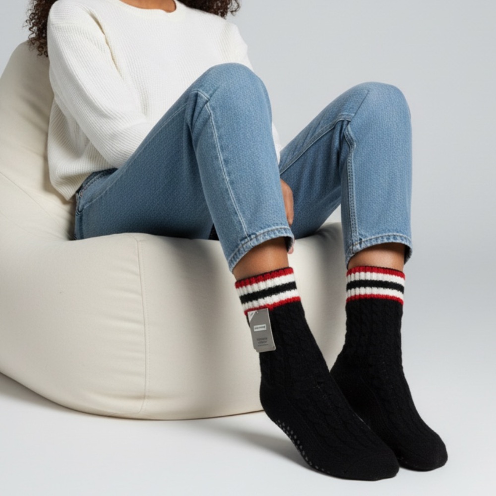 HUNTER Black Mid Plush Cable Knit Warm Gripped Fleece Lined Slipper Socks